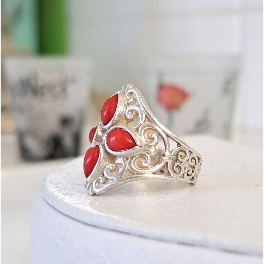 Vintage Coral Cluster Southwestern Filigree Sterling Ring by Artist Carolyn Poll - Picture 10 of 15